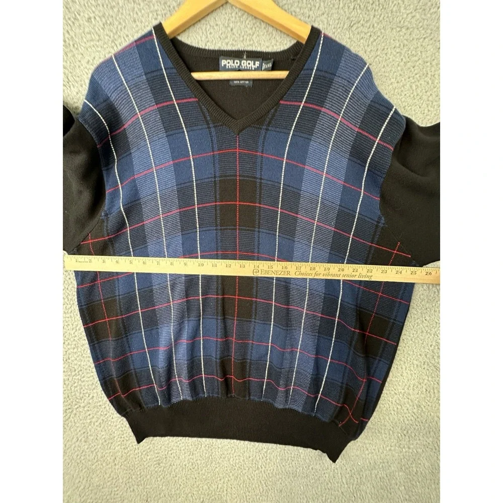 VINTAGE Polo Golf Ralph Lauren V Neck Sweater Mens 2XL Blue Black Plaid Knit